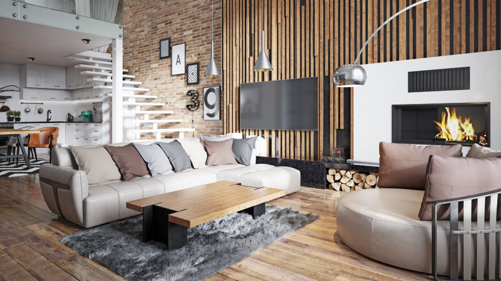 loft apartment living room with wood slat wall, standing lamp, grey sofa and chaise lounge.