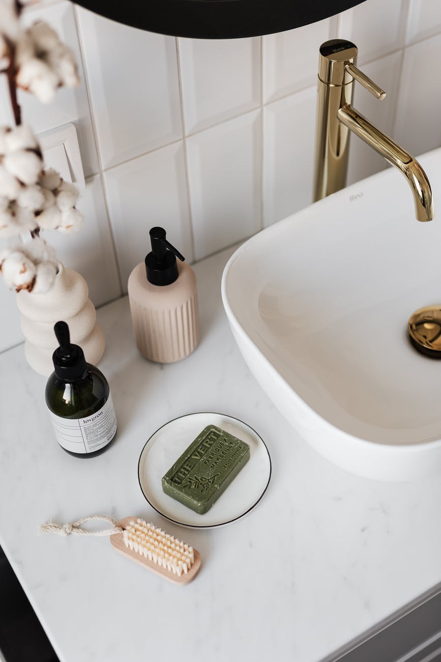 cosmetic products on the sink