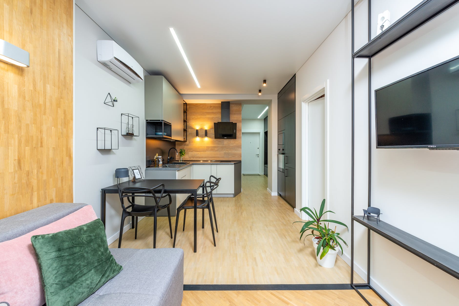 contemporary apartment with living room and kitchen