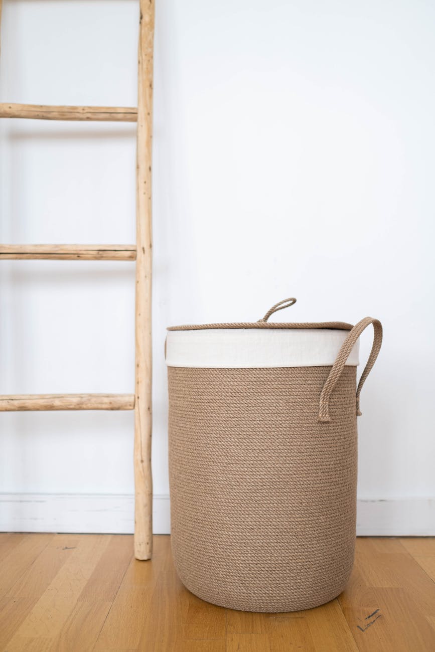 wicker basket on wooden surface